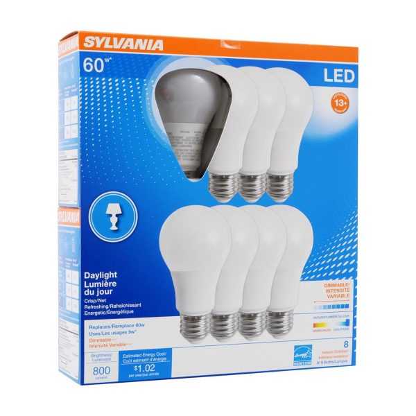 8Pk - Sylvania - 9W A19 LED 800LM 5000K Daylight Dimmable Bulb - 60w equiv For Sale