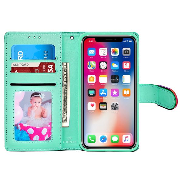 iPhone X XS Glitter Wallet Case Bow Diamond DWJ01 Teal Online now