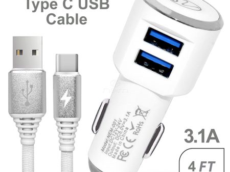 2-in-1 Car Charger Dual USB 3.1A w. Type C Cable White Supply