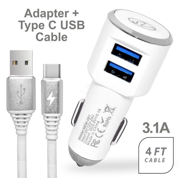 2-in-1 Car Charger Dual USB 3.1A w. Type C Cable White Supply