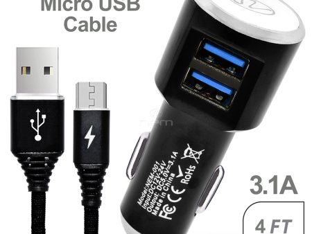 2-in-1 Car Charger Dual USB 3.1A w. Micro USB Cable Black For Sale