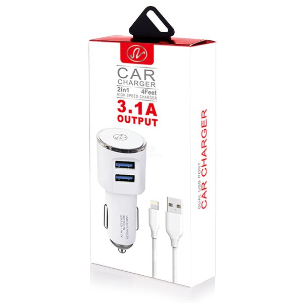 2-in-1 Car Charger Dual USB 3.1A w. Type C Cable White Supply