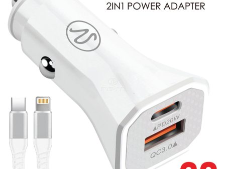 2in1 Car USB Adapter 20W + TYPE-C IP Data Cable HD2CC White For Discount