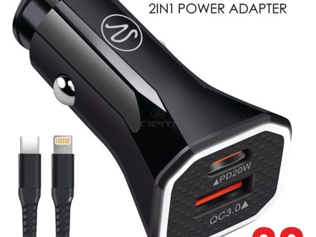 2in1 Car USB Adapter 20W + TYPE-C IP Data Cable HD2CC Black For Discount