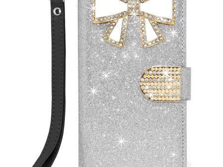 Samsung Note 8 Glitter Wallet Case Bow Diamond DWJ01 Silver For Discount