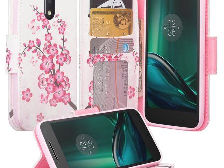 Moto G4 Play Case, Wrist Strap Pu Leather Magnetic Fold[Kickstand] Wallet Case with ID & Card Slots for Motorola G4 Play - Cherry Blossom For Discount