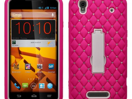 ZTE Max | N9520 | Boost Max Case, Heavy Duty Armor Diamond Rhinestone Hybrid Case with Kickstand - Hot Pink White For Sale