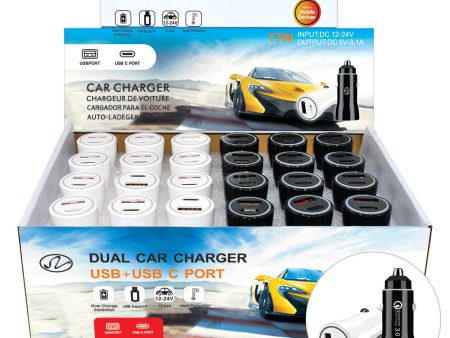 Car Charger Dual Ports USB & Type C 24 Pcs CC07 Black White Discount