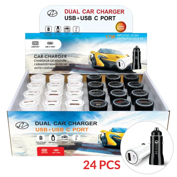 Car Charger Dual Ports USB & Type C 24 Pcs CC07 Black White Discount