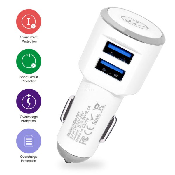 2-in-1 Car Charger Dual USB 3.1A w. Type C Cable White Supply