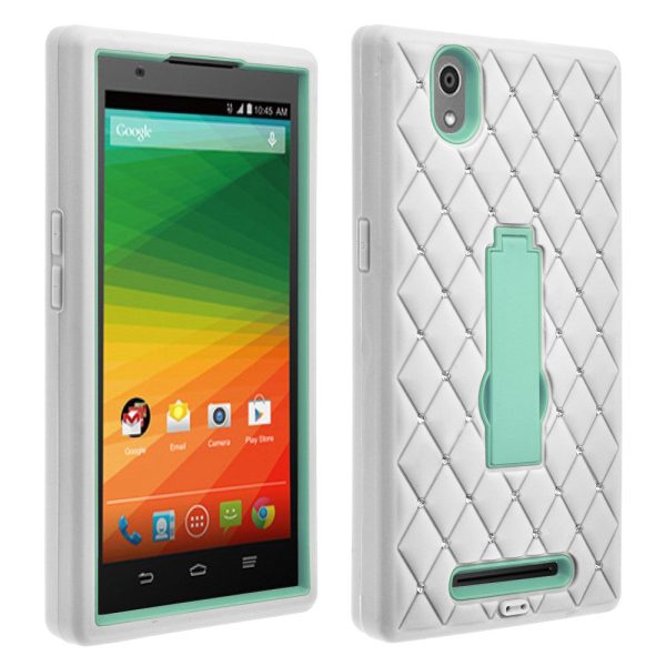 ZMAX Case, ZTE ZMAX Case, Heavy Duty Armor Diamond Rhinestone Hybrid Case with Kickstand - White Teal For Cheap