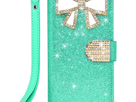 Samsung Note 8 Glitter Wallet Case Diamond Bow Jewel Blue For Sale