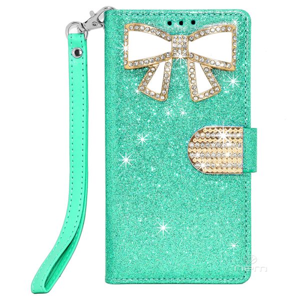 Samsung Note 8 Glitter Wallet Case Diamond Bow Jewel Blue For Sale