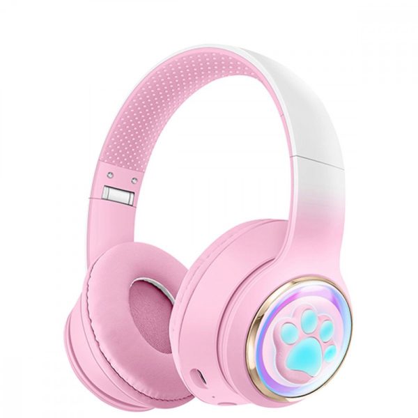 Kik_Cute Cat Paw LED Light Bluetooth Headphones - Over-Ear Gaming Headset for PC, Phone & Tablet AKZ61 for Universal Cell Phone And Bluetooth Device (Pink) Fashion