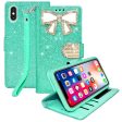 iPhone X XS Glitter Wallet Case Bow Diamond DWJ01 Teal Online now