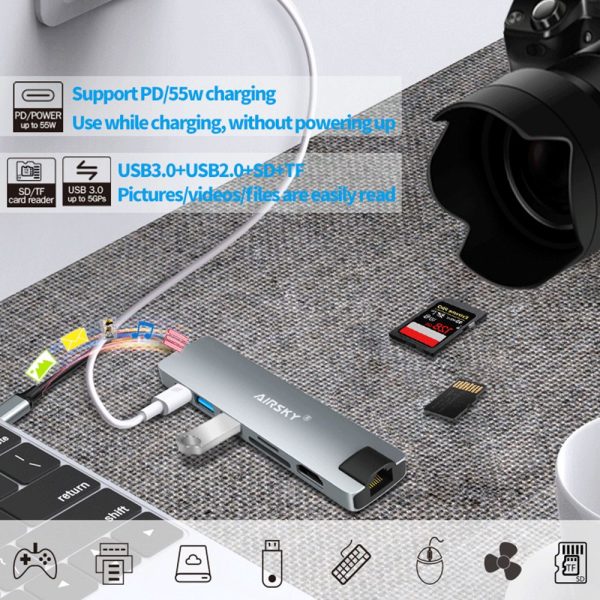 Kik_7 in 1 USB C Docking Station: 4K*2K HD, USB3.0 2.0, SD TF, USB C PD, RJ45 Ethernet. For Windows, Mac, Android, iOS for Universal Cell Phone, Device and More () For Sale