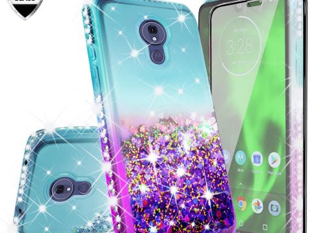 Motorola Moto G7 | Tmobile REVVLRY Plus Case with [Tempered Glass Screen Protector] Waterfall Floating Quicksand Bling Sparkle Cute Protective Girls Women Cover - Teal Purple Gradient Sale