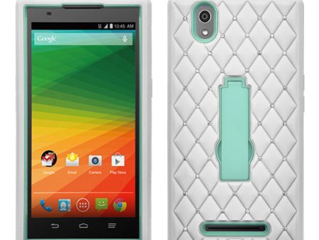 ZMAX Case, ZTE ZMAX Case, Heavy Duty Armor Diamond Rhinestone Hybrid Case with Kickstand - White Teal For Cheap