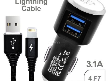 2-in-1 Car Charger Dual USB 3.1A w. Lightning Cable Black Discount