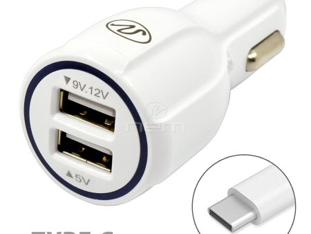 Universal 2 in 1 TYPE C Dual USB Car Charger w. Cable White Cheap