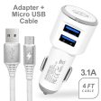 2-in-1 Car Charger Dual USB 3.1A w. Micro USB Cable White on Sale