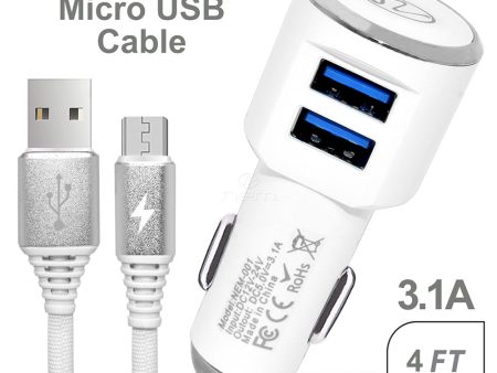 2-in-1 Car Charger Dual USB 3.1A w. Micro USB Cable White on Sale