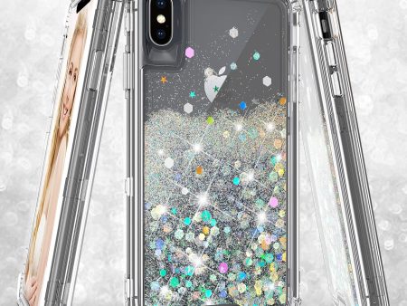 Apple iPhone XS Max Case,Hard Clear Glitter Sparkle Flowing Liquid Heavy Duty Shockproof Three Layer Protective Bling Girls Women Cases for Apple iPhone XS Max - Clear For Cheap