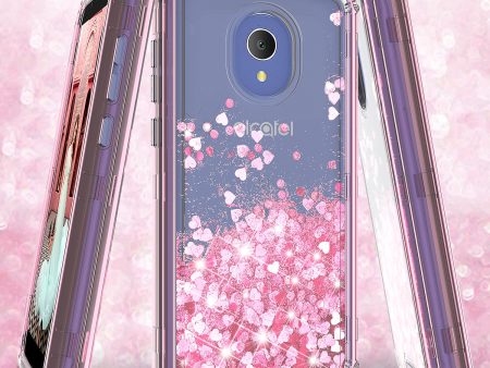 Alcatel 1x Evolve, TCL LX, Avalon V, IdealXTRA Case, Hard Clear Glitter Sparkle Flowing Liquid Heavy Duty Shockproof Three Layer Protective Bling Girls Women Cover - Pink Cheap